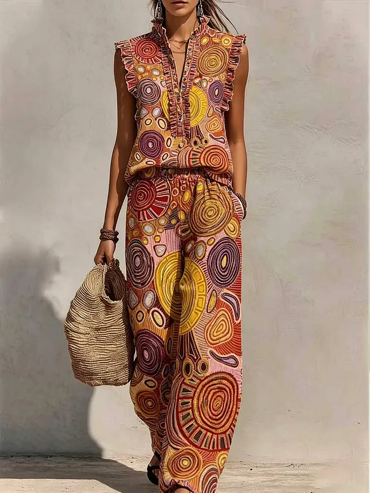 Women&rsquo;s Retro Abstract Geometric Art Print Two-Piece Set