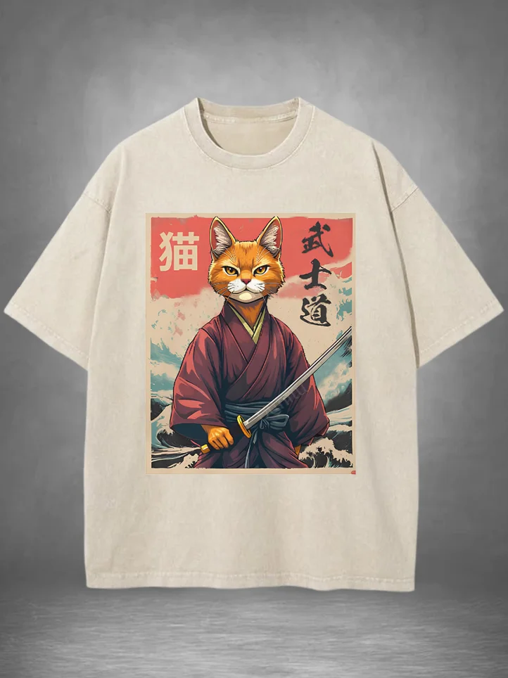 Men's Japanese Bushido Cat Illustration Print Cotton Washed T-Shirt