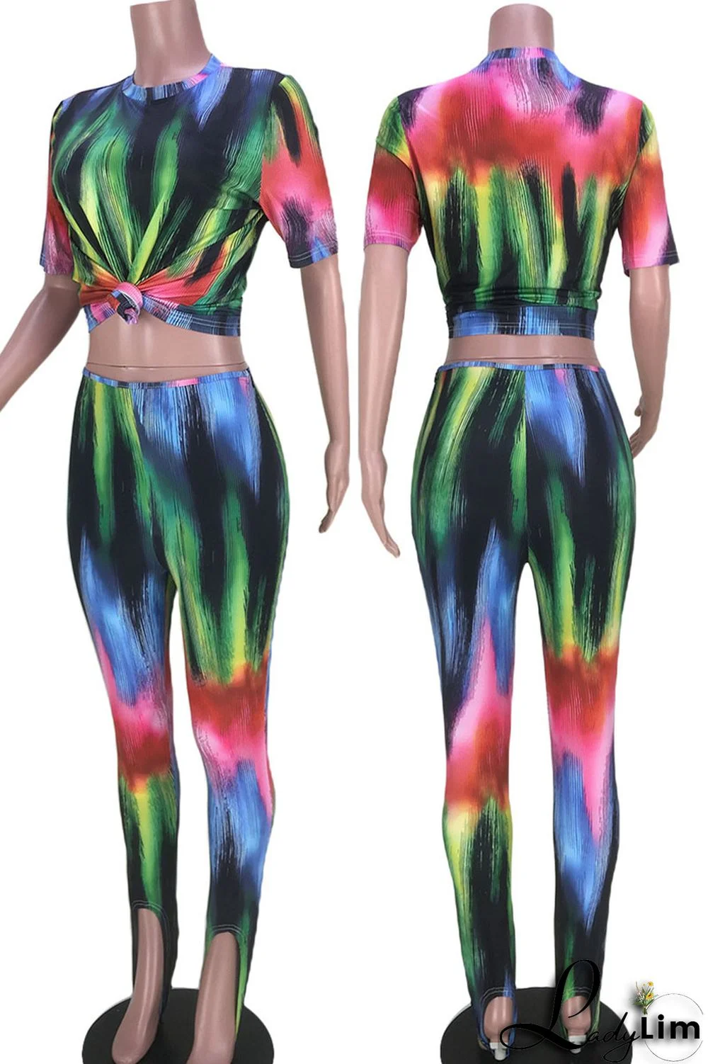 Rainbow Color Sexy Print Patchwork O Neck Short Sleeve Two Pieces