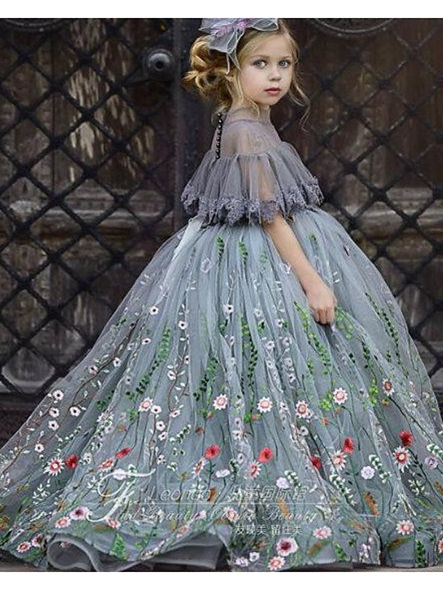 Oknass Ball Gown Short Sleeve Jewel Neck Flower Girl Dresses Tulle With Appliques