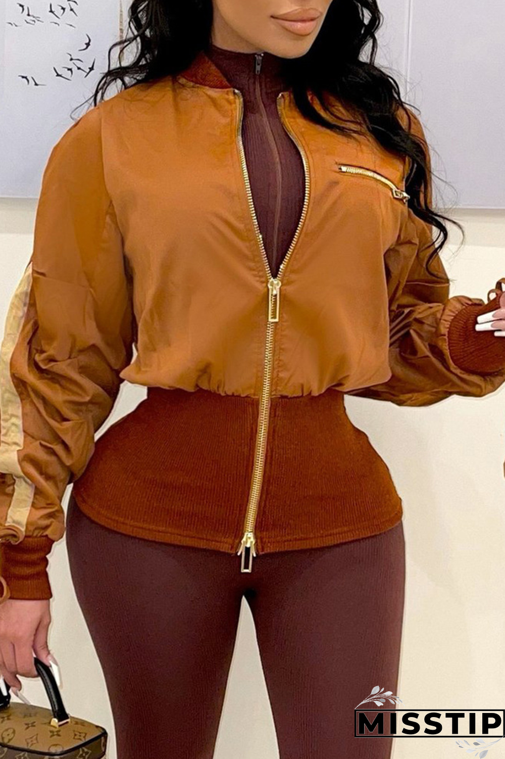 Brown Casual Solid Draw String Zipper Collar Outerwear