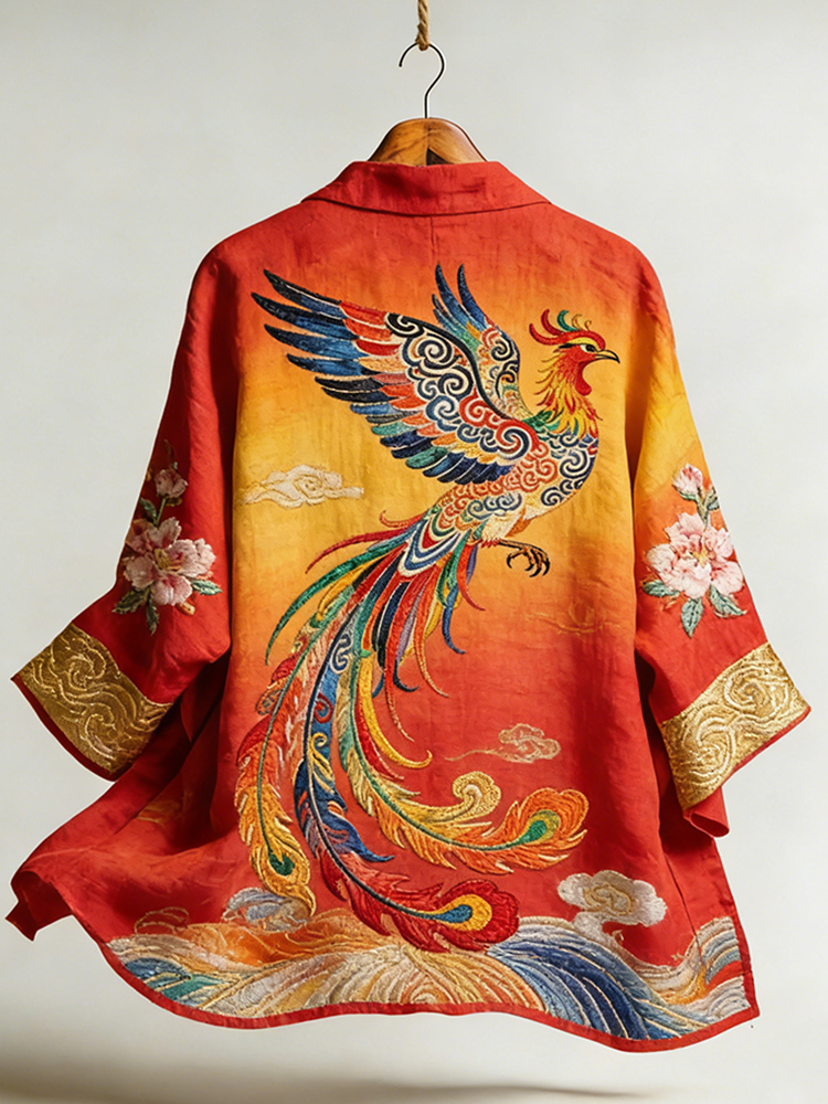Oriental Art Style Phoenix And Cherry Blossom Embroidery Pattern Linen Cardigan  artssus
