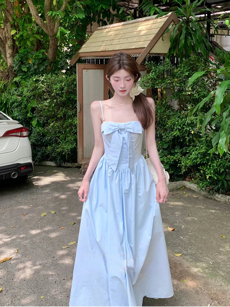 Aiertu Japanese Midi Dress Women Casual Sweet Elegant Strap Blue Bow Strapless Dress Beach Style One Piece Dress Korean 2024 Summer Aiertu