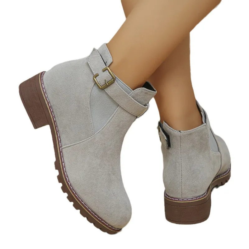 Breakj Breakj Women's Boots 2025 Autumn And Winter New Martin Boots Low-Heeled Square Belt Buckle Short Cylinder Tight Velvet Surface