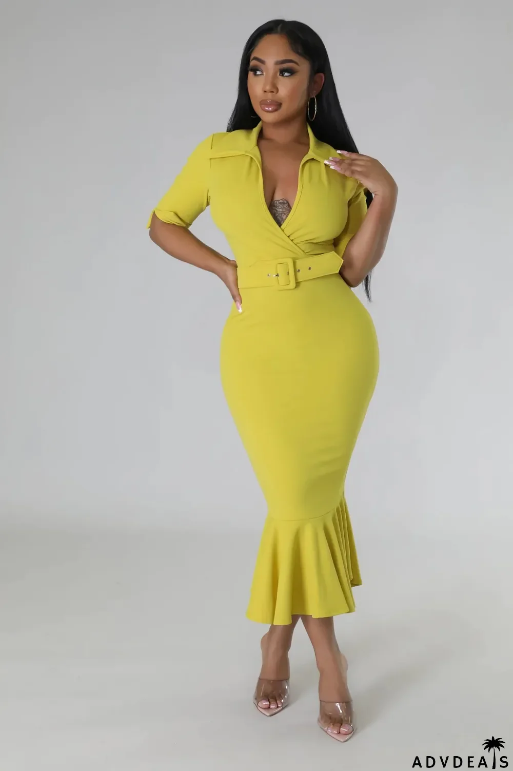 Solid Color Ruffles Waist Belt Midi Dress