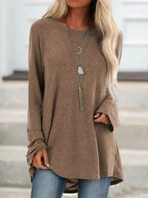 Women's Pure Color Casual Round Neck Loose Long Sleeve T-Shirt