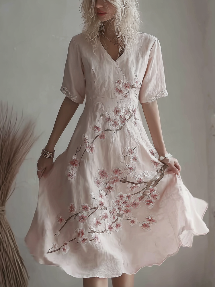 Sakura Embroidery Pattern Casual Linen Dress elevenforest