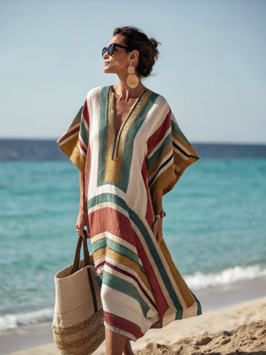 Cotton and linen women's V-neck long skirt