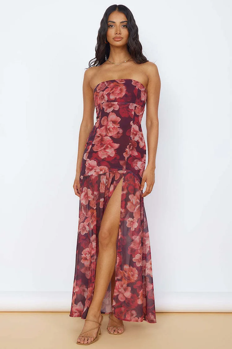 Floral Print Strapless Slim Fit Pleated High Slit Maxi Dresses-RedRed