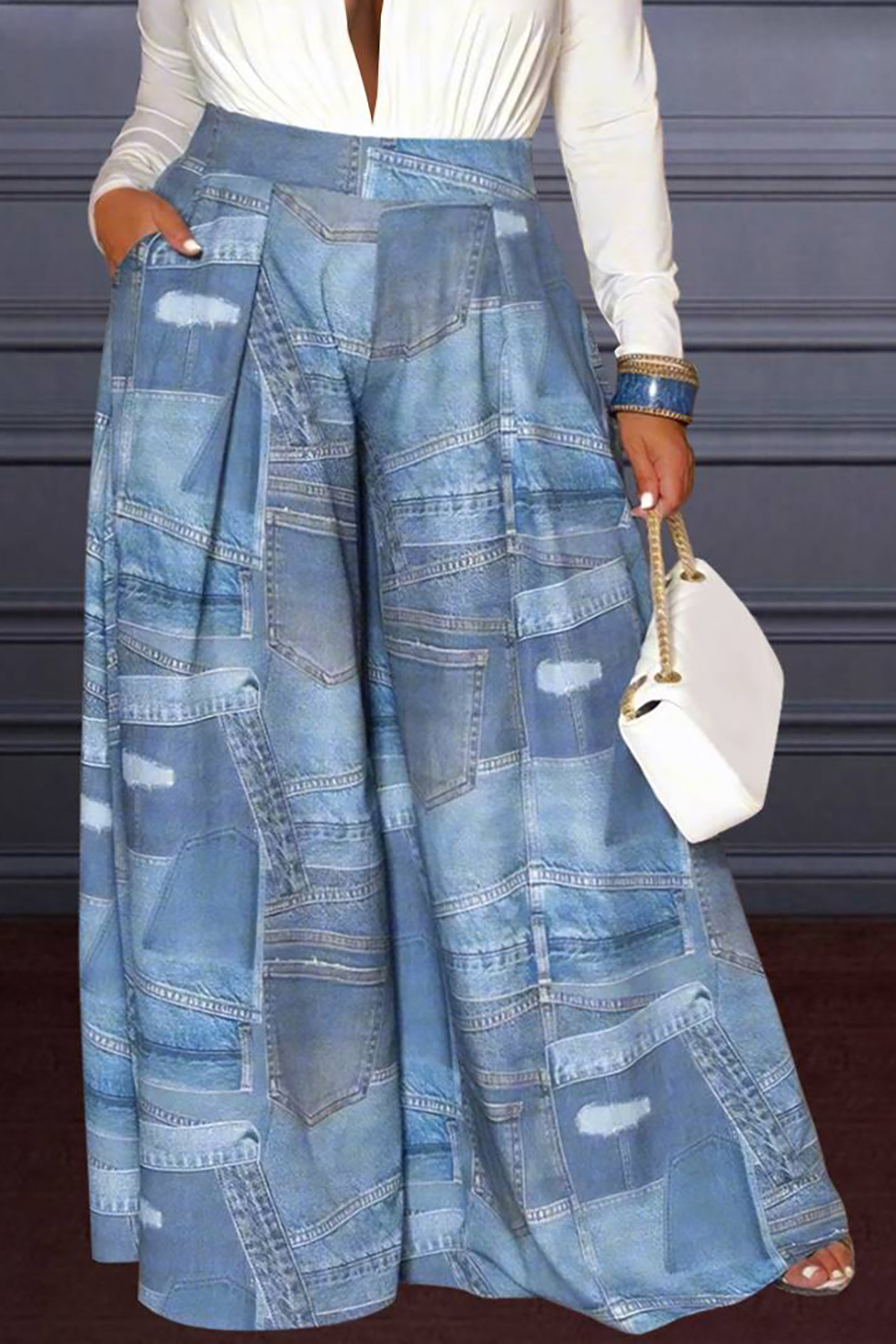 Design Plus Size Daily Pants Casual Blue All Over Print Long Spring Summer Pocket Wide Leg Pants [Pre-Order]