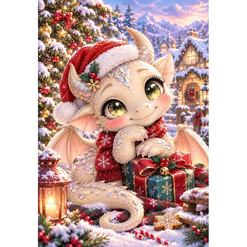 Jesbrilli Collaboration |Christmas Dragon Cute– Full Drill with AB & Fairy Dust Detail Highlights – Full Round/Square Diamond Painting (Velvet Cloth)