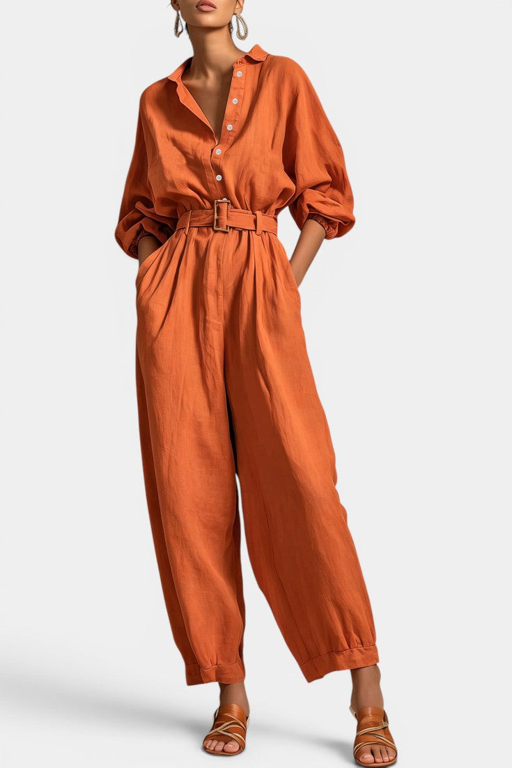 Belted Shirt Jumpsuit with Puffed Sleeves