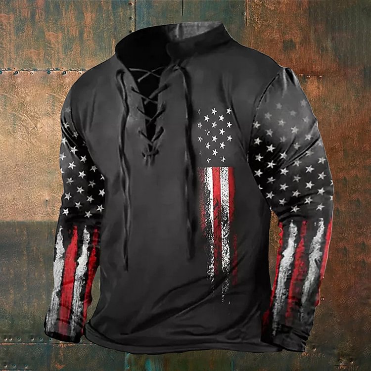 BrosWear Men's American Flag Tie Long Sleeve Shirt