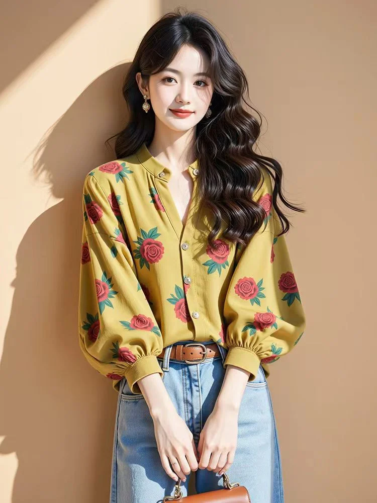 Athvotar Athvotar Long-Sleeved Chiffon Floral Shirt Woman 2025 Early Spring Single-Drip Design Shirt Open Shirt