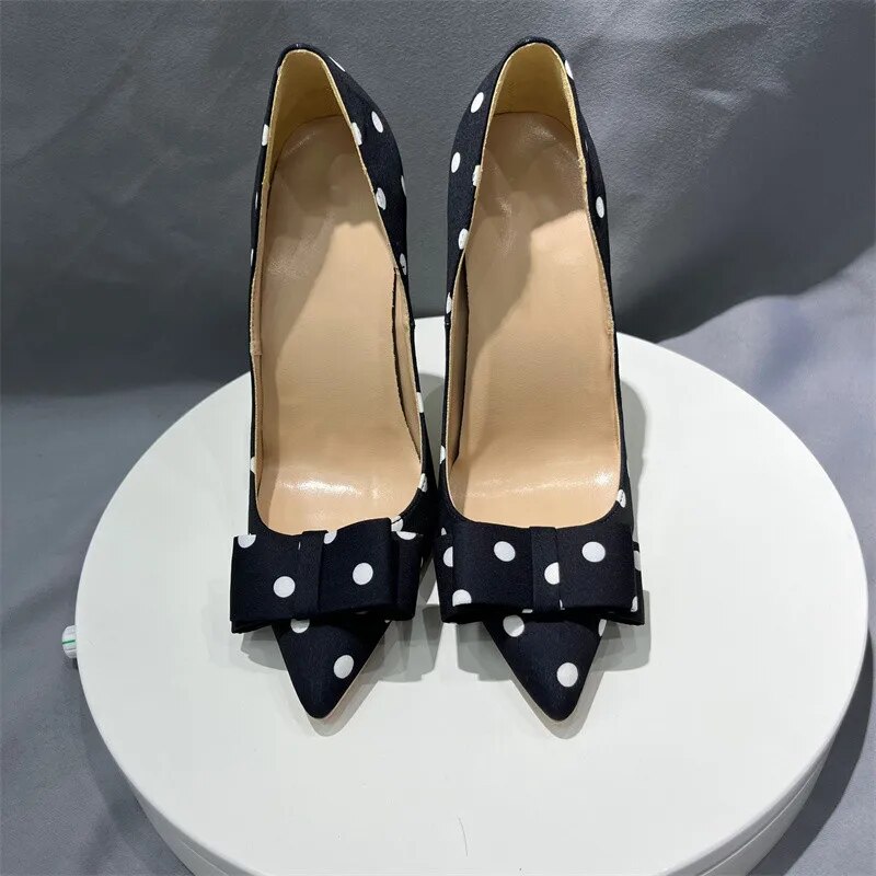 Polka Dot Women Black Satin Stiletto High Heels With Bowknot Chic Ladies Dress Shoes Pointed Toe Silk Pumps