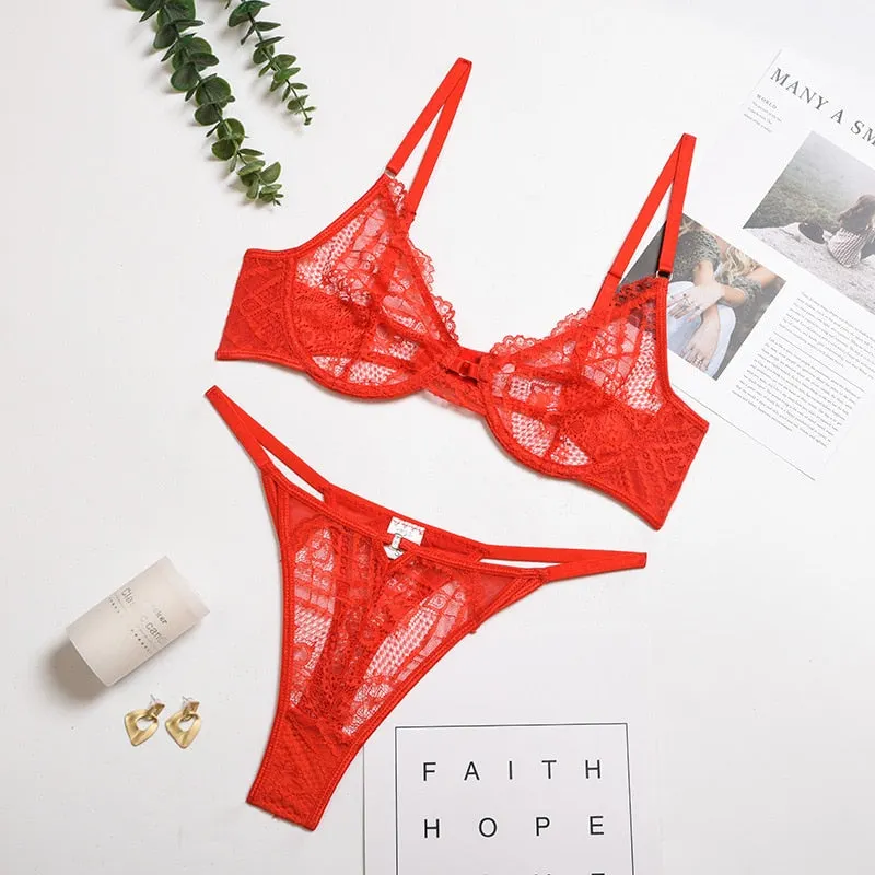 Yimunancy 2-Piece Hallow Out Bra Set Women Bra Underwire + Panty Sexy Underwear Set Ladies Fashion Lingerie Set