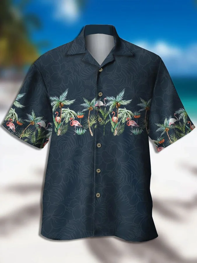 Men's Vintage Coconut Flamingo Print Short Sleeve Hawaiian Shirt