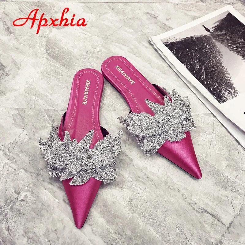 Aphixta  Appliques Crystals Silk Women Slippers Fashion Mules Rose Red Flat Heel Autumn Flowers Pointed Toe Slides