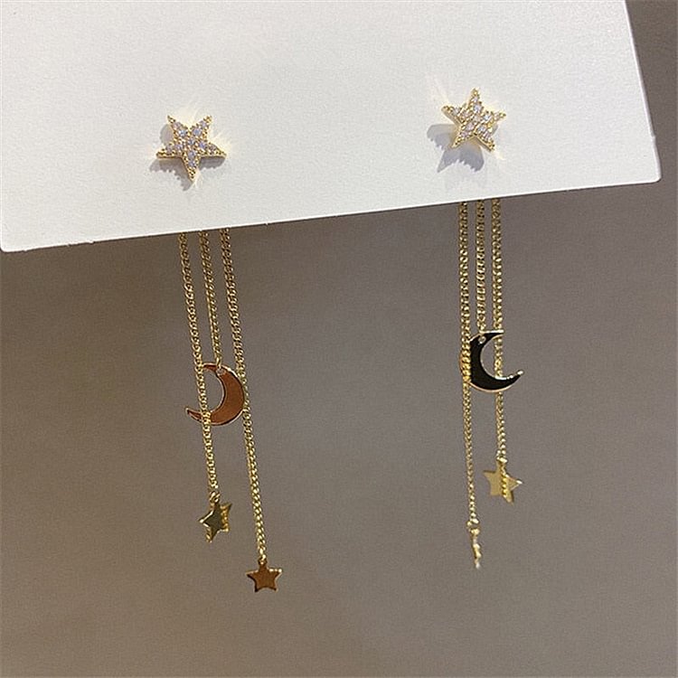 YOY-Korean Crystal Star Moon Long Tassel Dangle Earrings