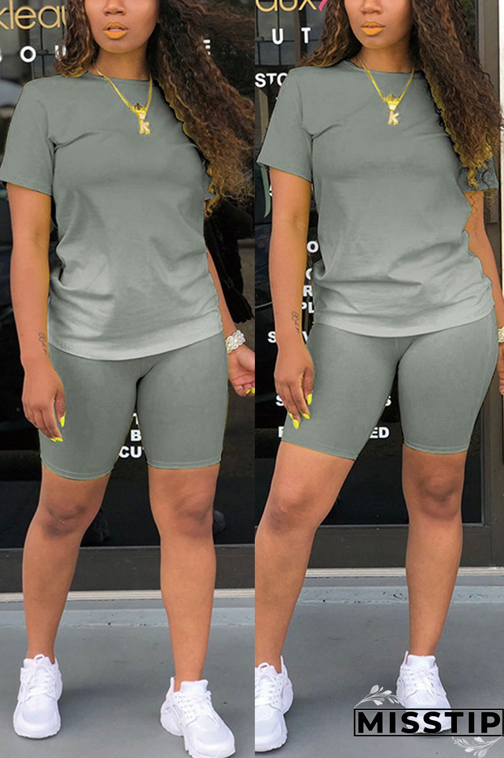 Grey Fashion Casual Gradient Short Sleeve Two Pieces