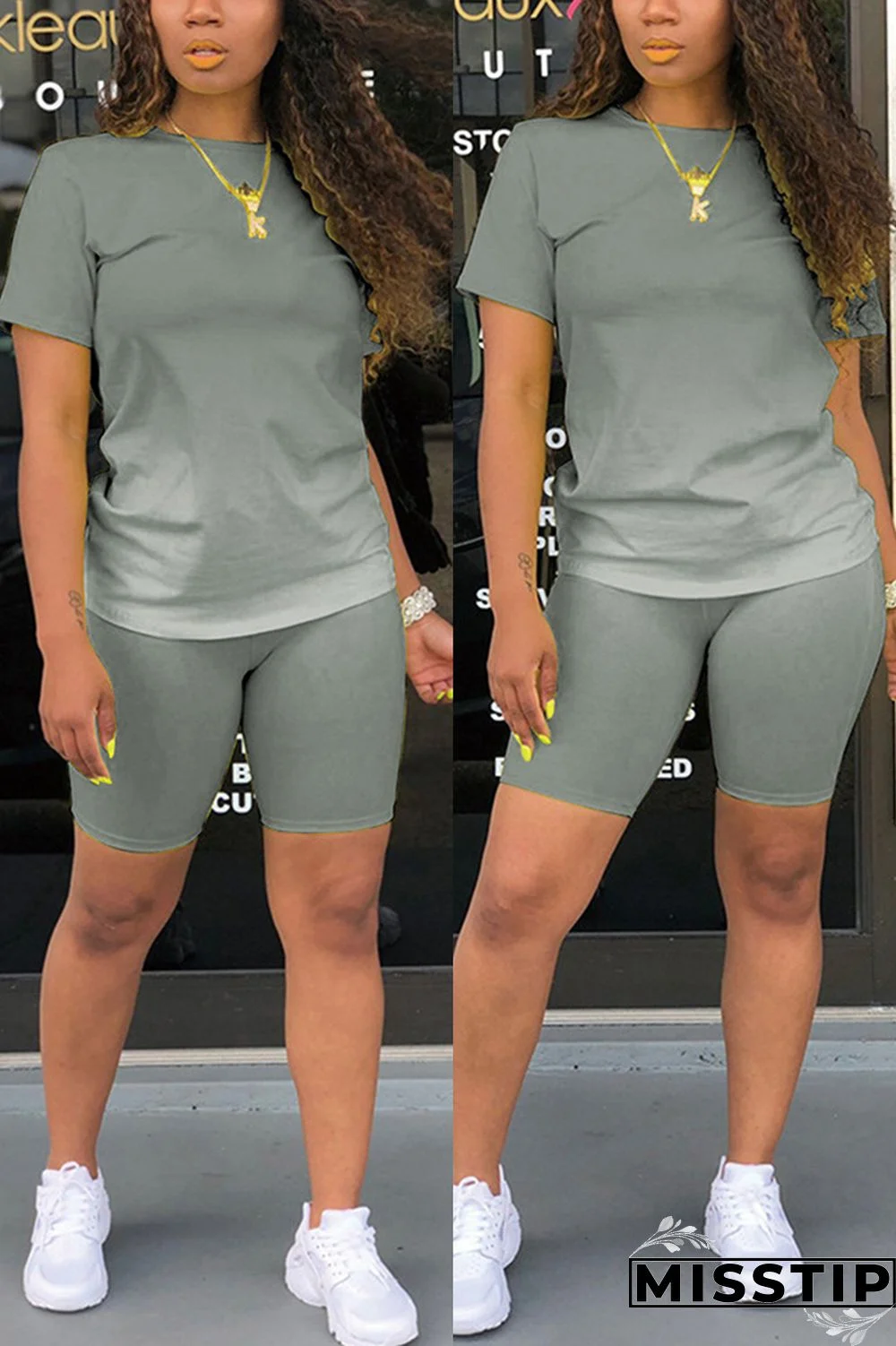 Grey Fashion Casual Gradient Short Sleeve Two Pieces