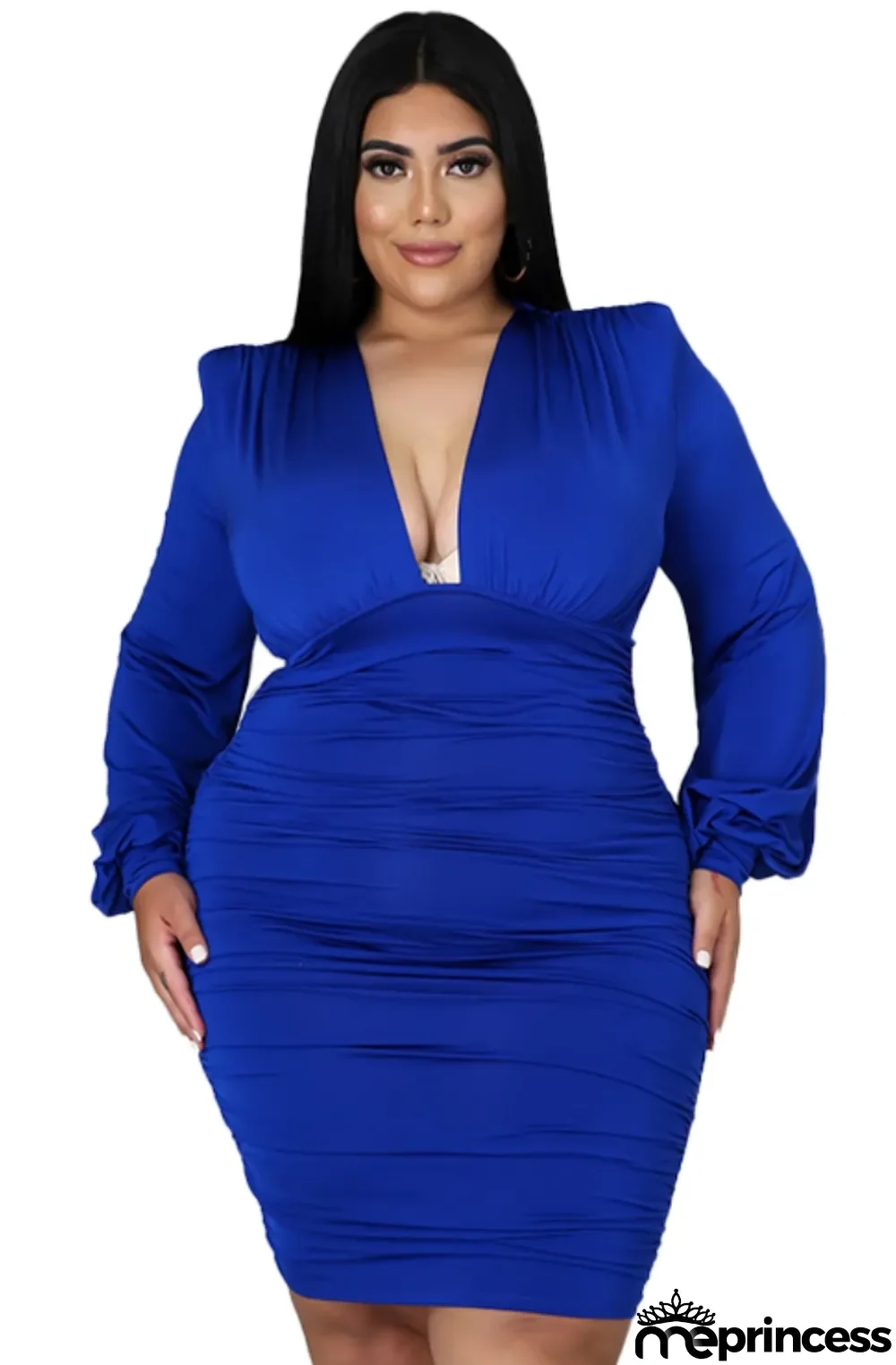 Autumn Plus Size Formal Blue Long Sleeve Ruched Bodycon Dress