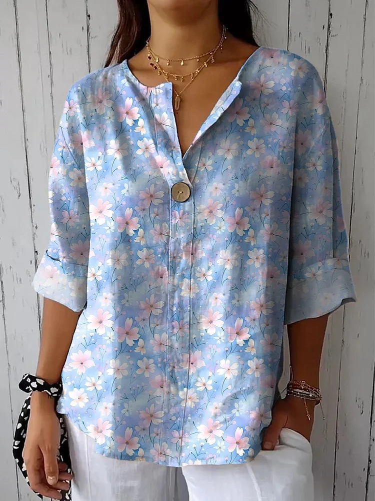 Watercolor Cherry Blossom Pattern Printed Women's Casual Cotton Linen Shirt