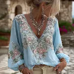 Women's Vintage Pink Floral Embroidered Art Pattern V-neck Long Sleeve Blouse - Image 5
