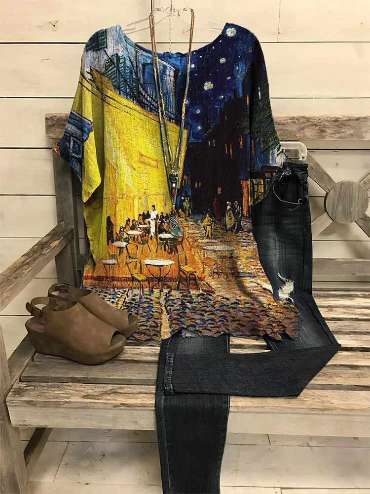 Women's Vintage Van Gogh Oil Painting Art Printed Round Neck T-Shirt