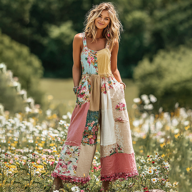 Women's Vintage Floral Patch Art Print Comfy Jumpsuit
