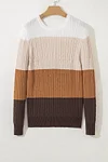 Women's Khaki Colorblock Round Neck Cable Knit Sweater