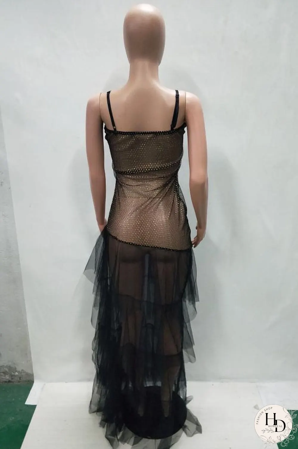 Black polyester fashion sexy spaghetti strap sleeveless slip ball gown floor-length