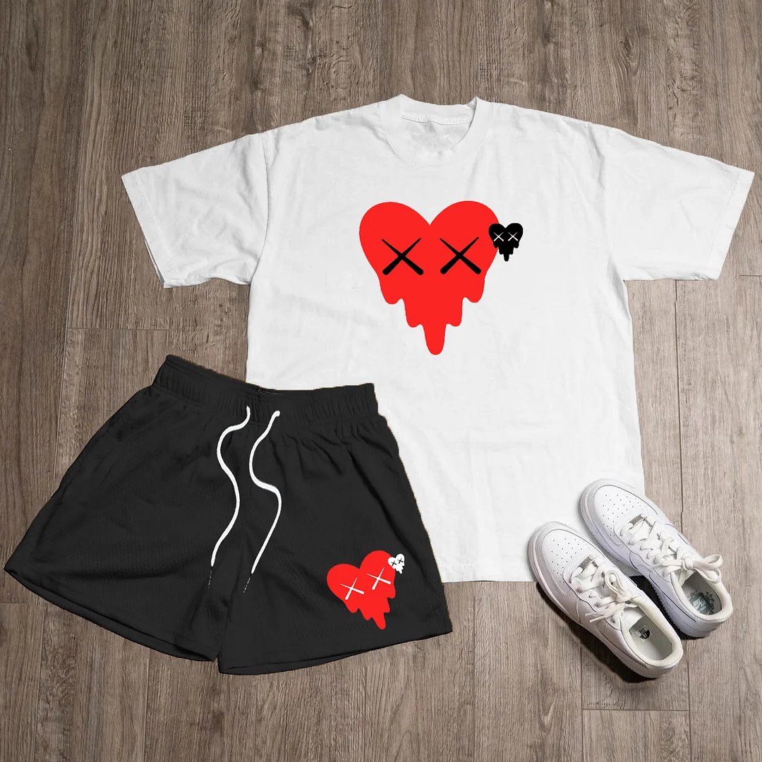 Funny Heart Print T-Shirt Shorts Two-Piece Set