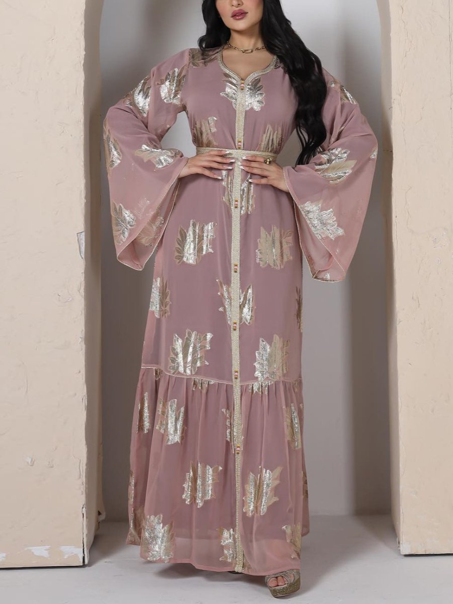 Chiffon Golden Print Long Sleeve V Neck Gown | Oxredo Shop Ramadan Sale