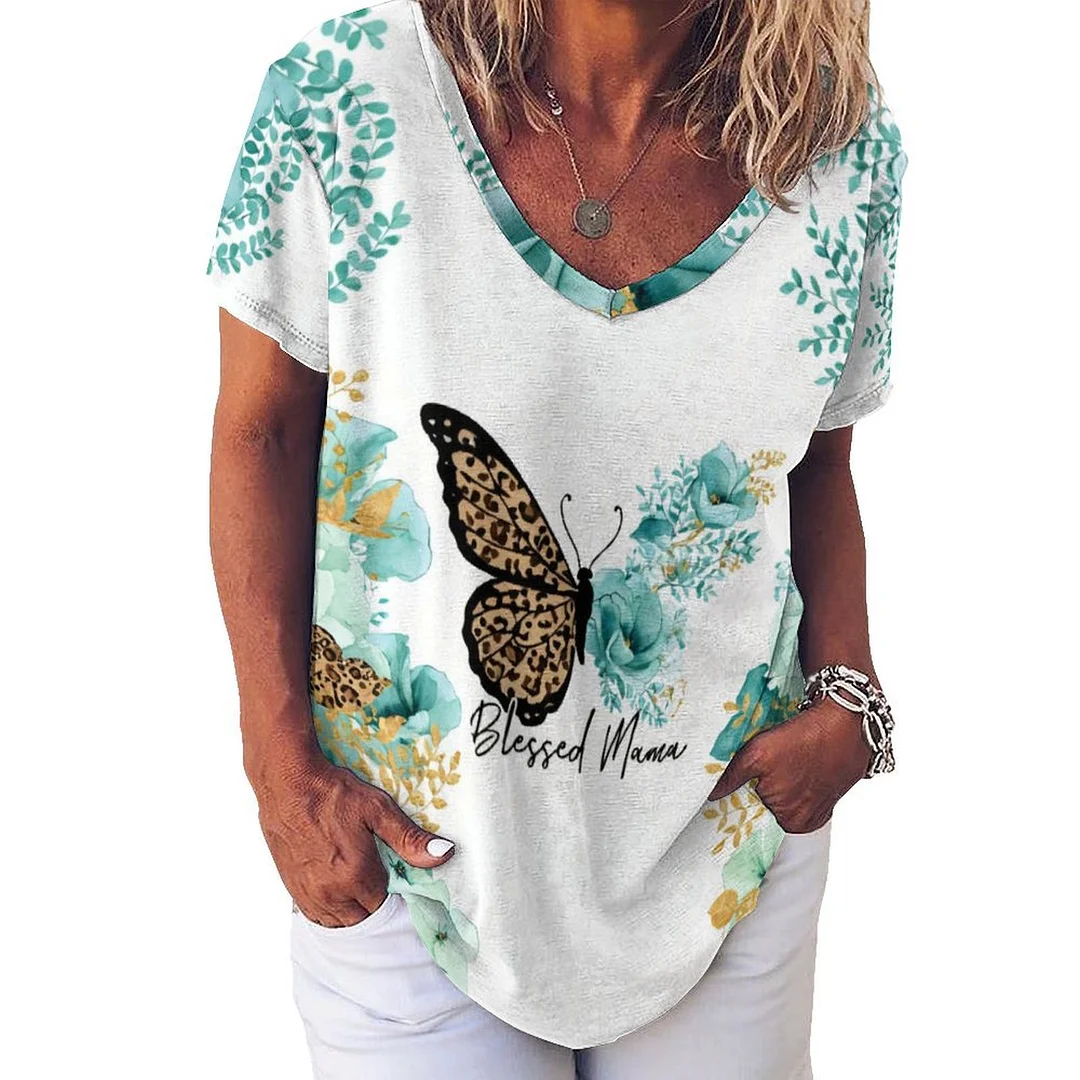 V-neck Short Sleeve Casual T-shirt for  Women Printed with Pattern Turquoise, Floral, Green, Butterfly