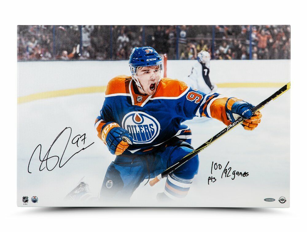 Connor McDavid Autographed 16X24 Canvas Photo Poster painting Warrior 100pts/92 Games Oilers UDA