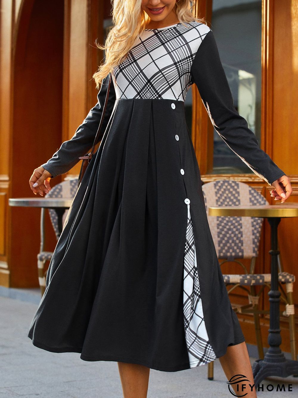 Paneled Casual Plaid Knitting Dress | IFYHOME