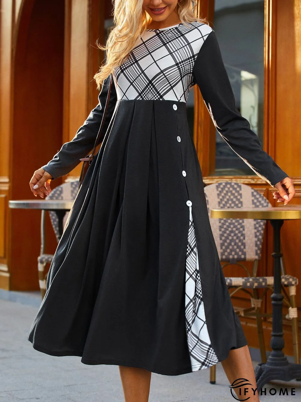 Paneled Casual Plaid Knitting Dress | IFYHOME