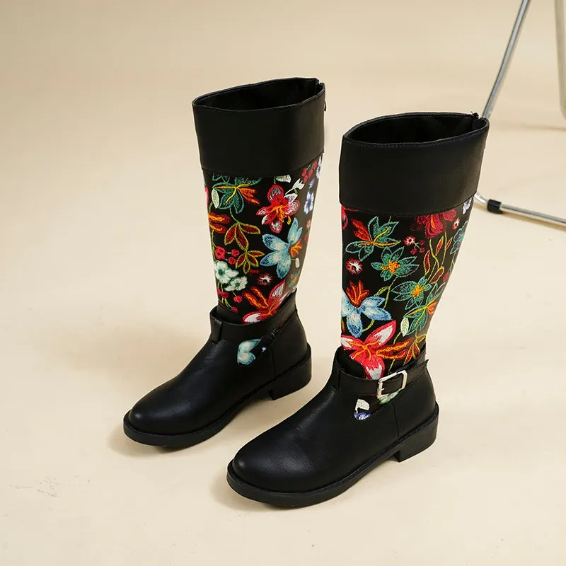 Churchf Churchf Size High Boots Female 2023 New Thick Heel Embroidery Round Head Retro Belt Buckle Autumn And Winter