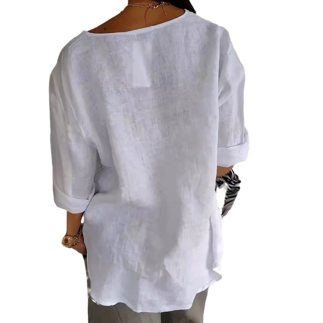Nigikala Nigikala Summer New Loose T-Shirt Lady V-Neck Cotton Button Top