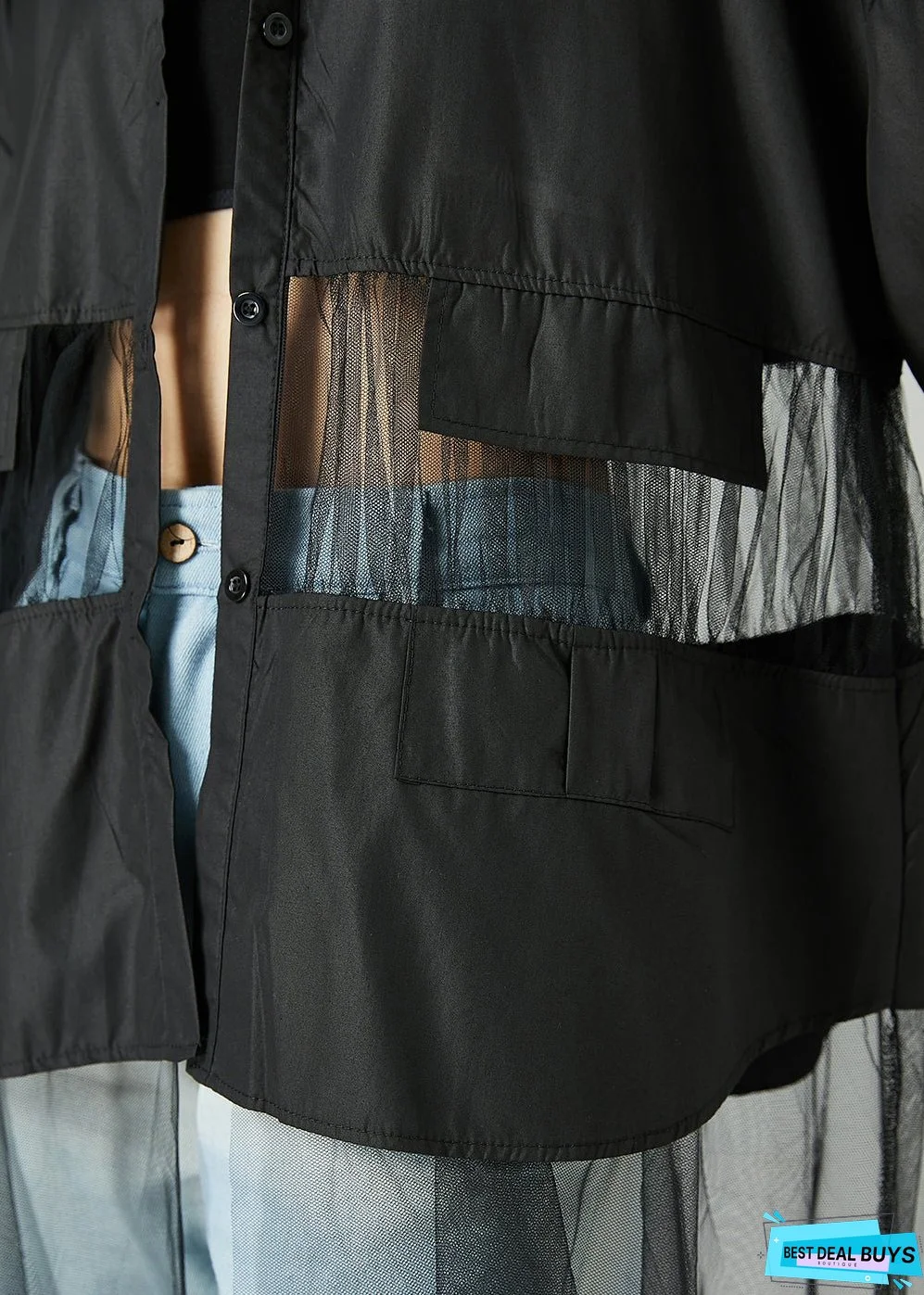 Women Black Oversized Tulle Patchwork Hollow Out Cotton Long Coat Summer