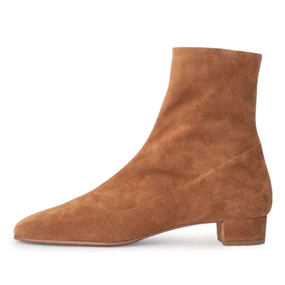 Brown Faux Suede Sophisticated Square Toe Side-Zipper Ankle Booties