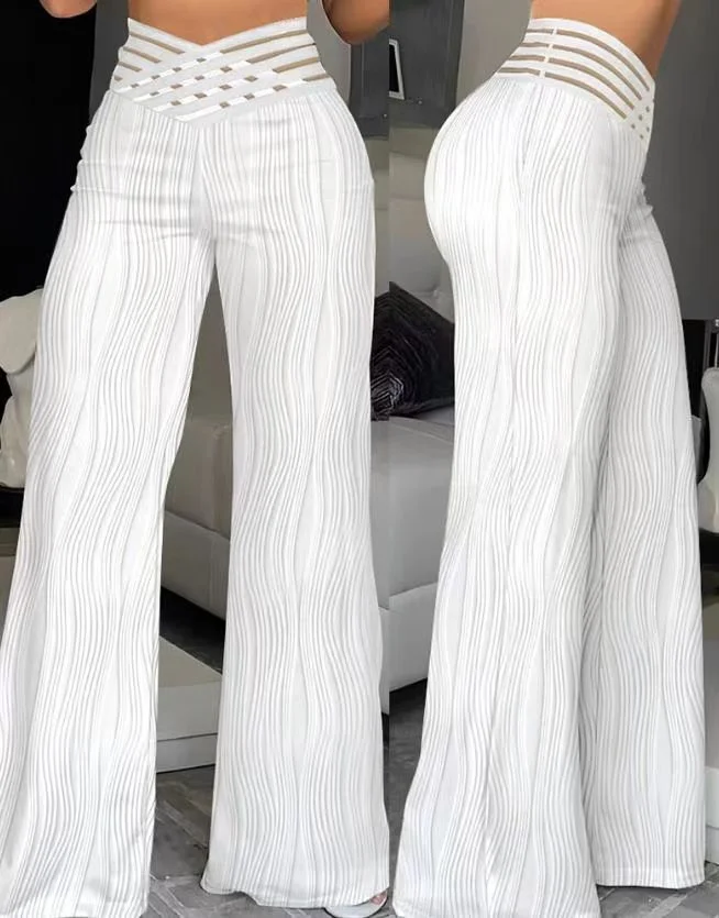Mongw Mongw Summer Water Ripple High Waist Straight Tube Leisure Wide Leg Hollow Out Foreign Air Muscle Texture Sense Loose Hanging Sense Pants