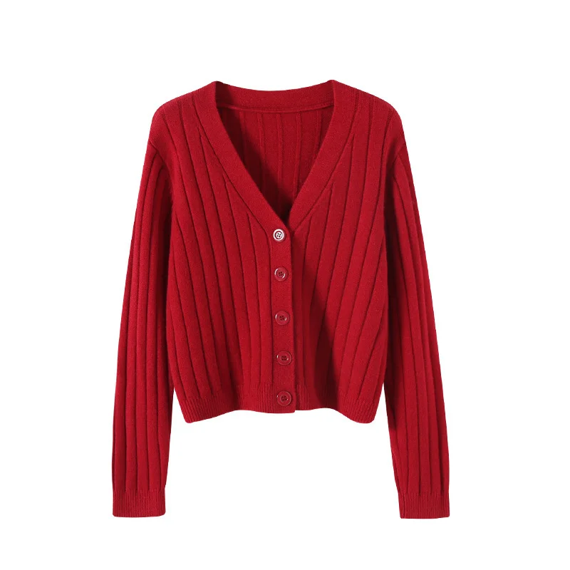 Uveng Uveng Autumn And Winter Short External Loose Net Red Long-Sleeved V Sweater Knitted Shirt Solid-Colored Cardigan Coat Top Woman