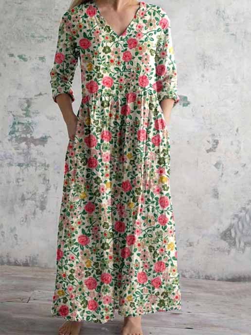 Women's 3/4 Sleeve V-neck Floral Printed Midi Dress