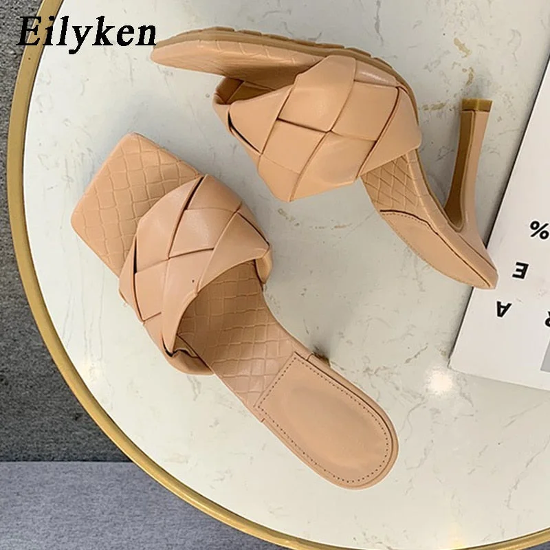 Eilyken Summer New Design Weave Square Toe Heels High Quality PU Leather Slippers Gladiator Beach Womens Sandal Slides Shoes