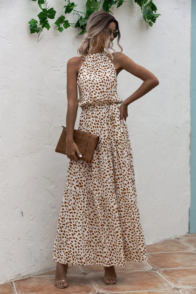 Brownm Dot Printed Lace Up Halter Tied Long Dress