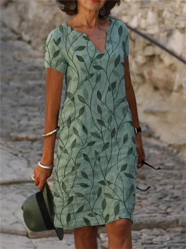 Women's New Summer Short-sleeved V-neck Dress Style in The Middle-length Skirt-JRSEE