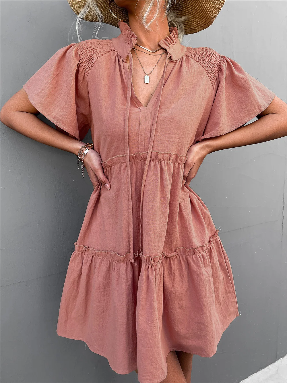 Frilly Strappy V-Neck Lace Dress A-Line Skirt