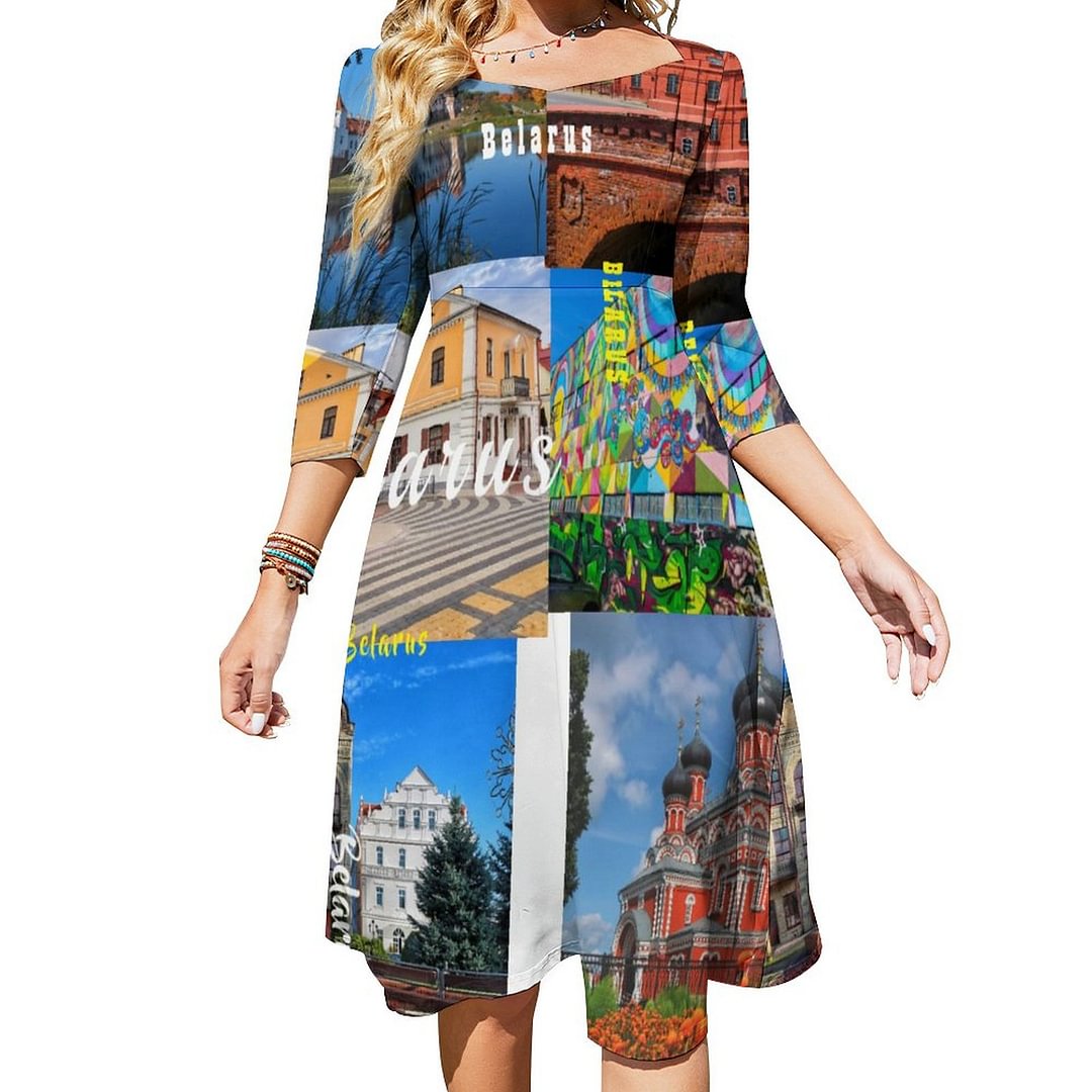 Belarus Minsk Grodno Pinsk Borisov Architecture Dress Sweetheart Tie Back Flared 3/4 Sleeve Midi Dresses
